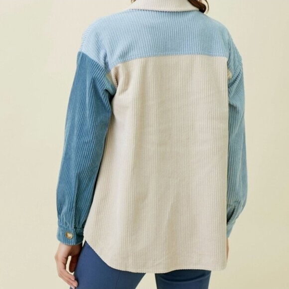 NWT Mystree Beige & Blue Corduroy Colorblock Button-Up Shacket | Oversized - Picture 3 of 8